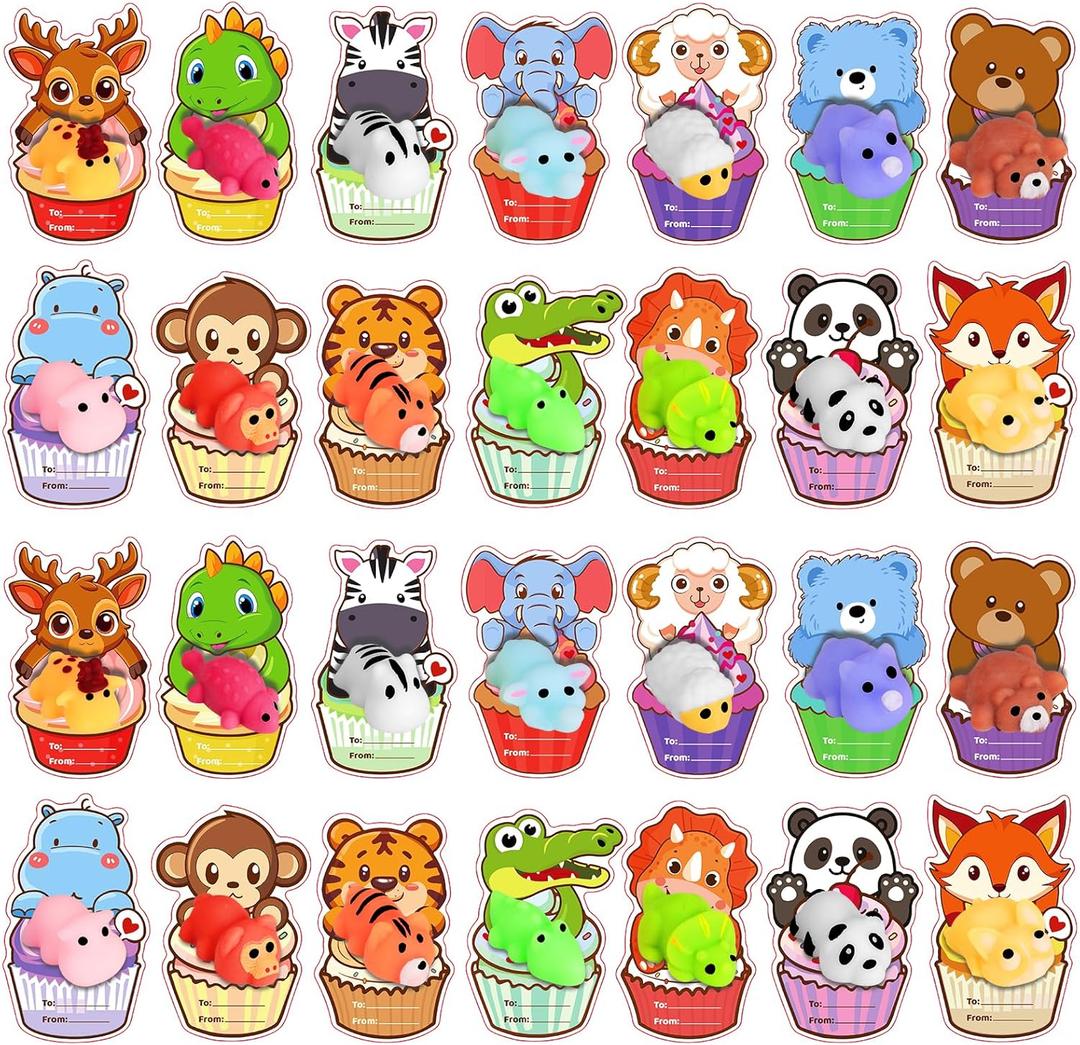 Budbof 28 Pack Valentines Day Gifts for Kids, Mochi Squishies Party Favor Set with Valentines Greeting Cards, Valentine's Day School Prize Party Favor, Classroom Exchange Gift Set