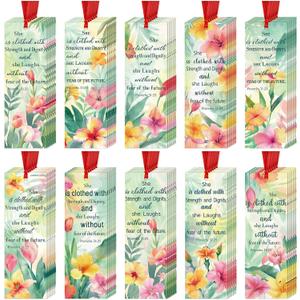 PerKoop 60 Pcs Religious Mother's Day Bookmarks She is Clothed with Strength and Dignity Gift Christian Happy Mother's Day Mom Watercolor Flowers Bookmarks for Women Church Bible Verse Proverbs 31: 25
