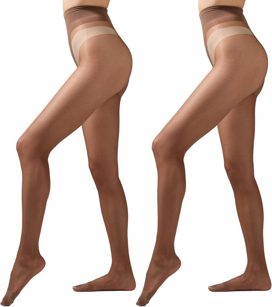 VERDALUX 2 Pairs Women's 20D Ultra Sheer Tights with Bikini-shaped Pattern, Everyday Comfort for Dresses & Pants (Large, Dark Brown)