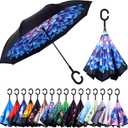 Inverted Reverse Umbrella with C-shaped Handle Windproof Upside Down Umbrellas for Rain Double Layer Hands Free Umbrella for Women and Men (Sapphire) (Sapphire-1)