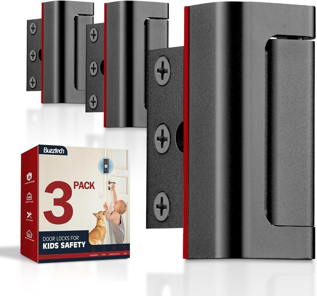 Industrial Black Child Locks for Door (Pack of 3) Maximum Home Security Door Reinforcement Lock for Front Door & Kids Safety, Premium Aluminum Construction Finish Withstands 800lbs Force