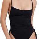 Solids Womens Black Shaped Neckline One-Piece Swimsuit with Lingerie Straps and High Leg Rise Swim Essential (Medium)