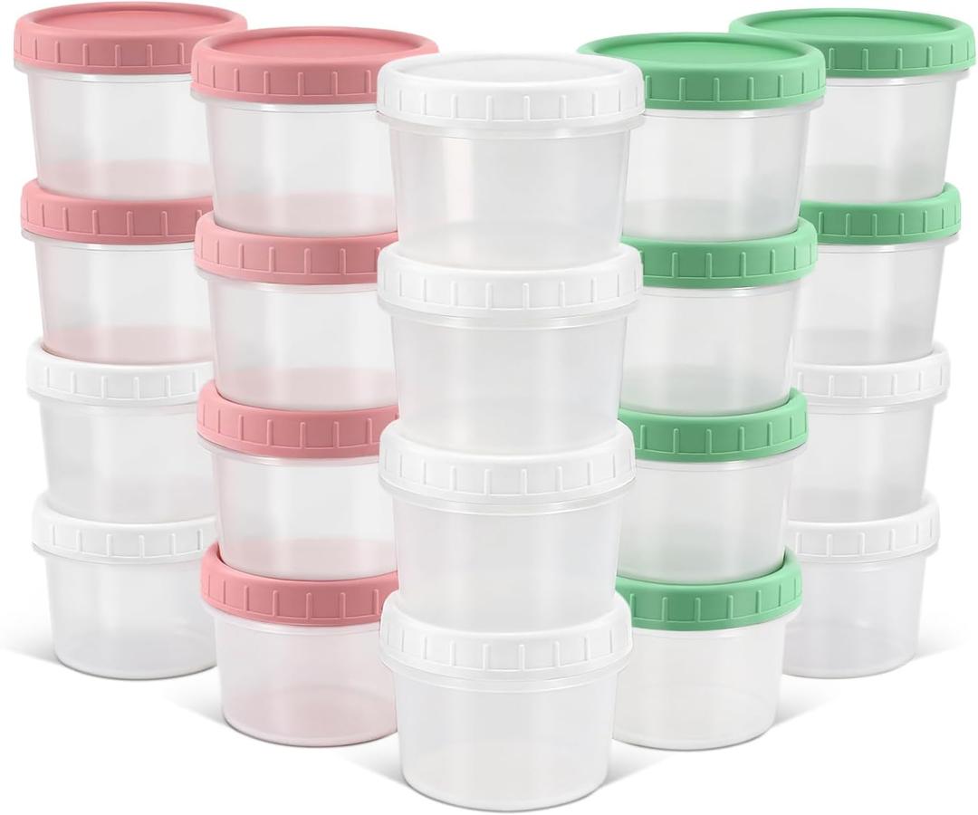 DEMORA 4 oz Small Plastic Containers with Twist on Lids [20 Sets], Stackable Little Food Storage Containers for Snack Lunch Meal Prep Salad Dressings, Freezer/Microwave/Dishwasher Safe, BPA Free (Translucent)