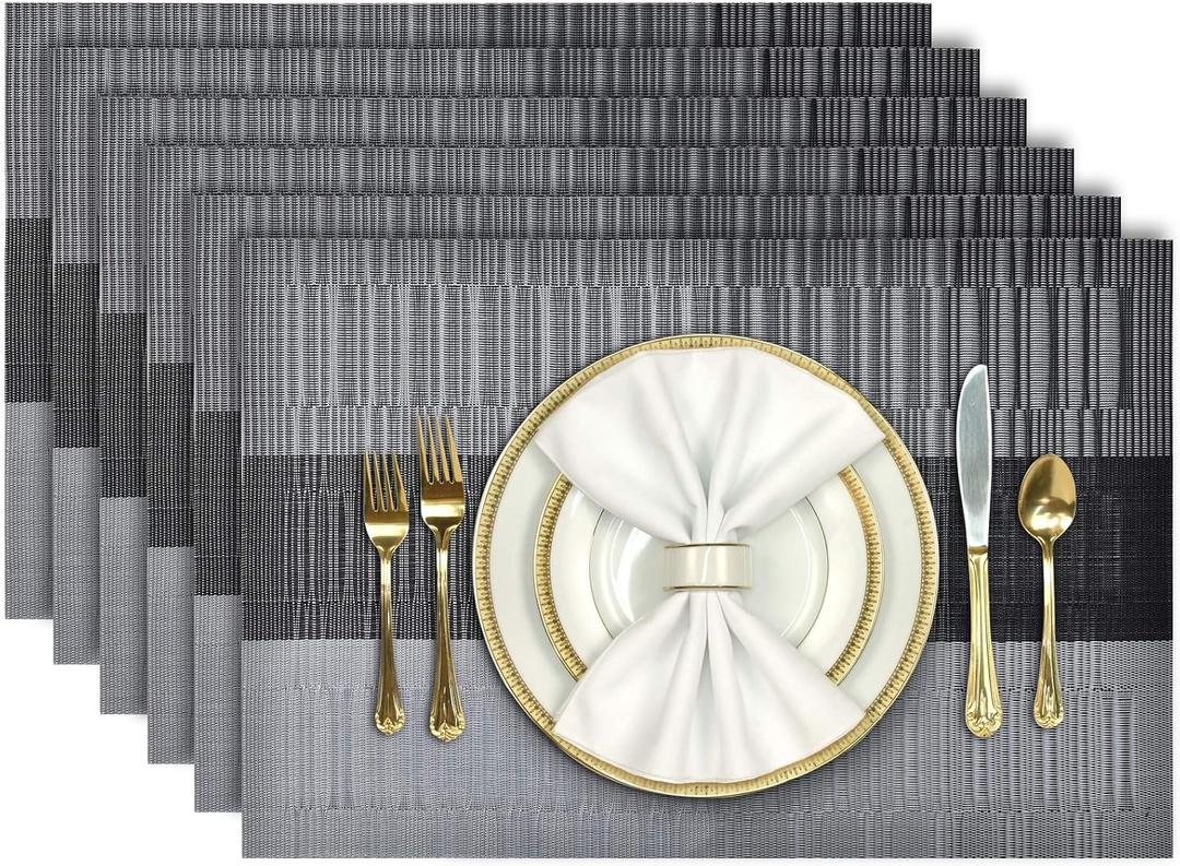 Aofmee Placemats, Placemats Set of 6, Heat Resistant Place Mats, Washable PVC Table Mats, Woven Vinyl Plastic Placemats for Dining Table, Non-Slip Stain Resistant Kitchen Table Placemats Easy to Clean (Black)