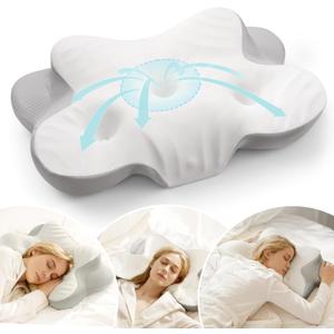 Cervical Pillow for Neck and Shoulder, Ergonomic Memory Foam Pillows for Sleeping, Dual Ear Relief Zone Contour Pillow, Support Pillow for Side Back Stomach Sleepers (White)