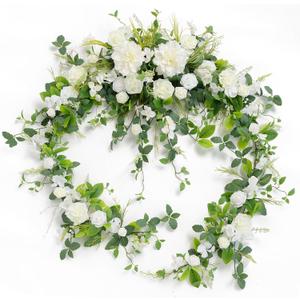 Ling's Moment 9FT Flower Garland for Backdrop Decorations - Wedding Arch Flowers, Eucalyptus & Rose, Artificial Floral Garland for Mantle - Sweetheart Table Decor for Ceremony Reception, Lily White