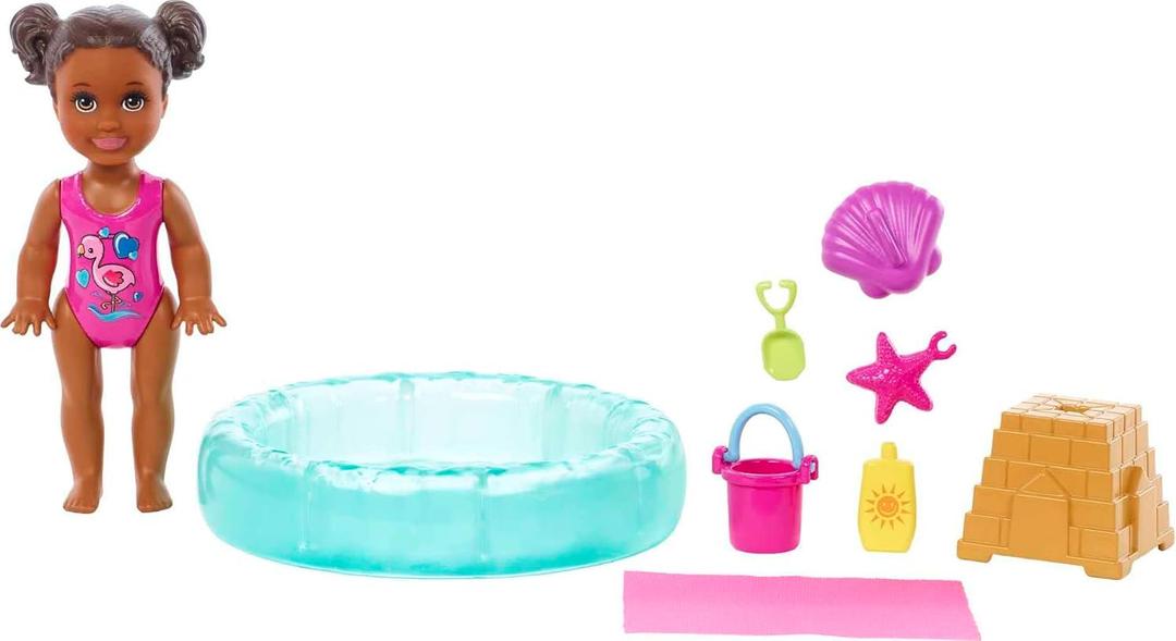 Barbie Skipper Babysitters Inc Small Doll & Accessories Playset with Brunette Doll, Swimming Pool & Water-Themed Pieces
