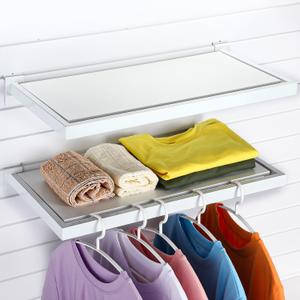 Blulu 2 Pack Slatwall Shelf, 23. 6x11. 8 Inch Wooden Wall Shelves with Metal Rectangular Tubing U Shaped Hanger Slatwall Shelving Organizer Accessories for Home Retail Display (White), 22 x 10.2 x 0.35 inches