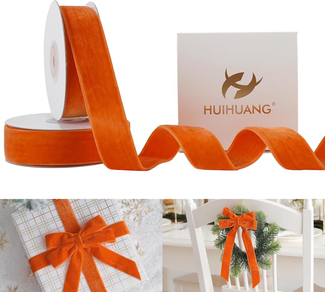 HUIHUANG Orange Velvet Ribbon 1 Inch Double Face Thick - 10 Yards for Gift Wrapping, Fall Decor, Christmas Tree, Wreath, Bows, Crafts, Wedding