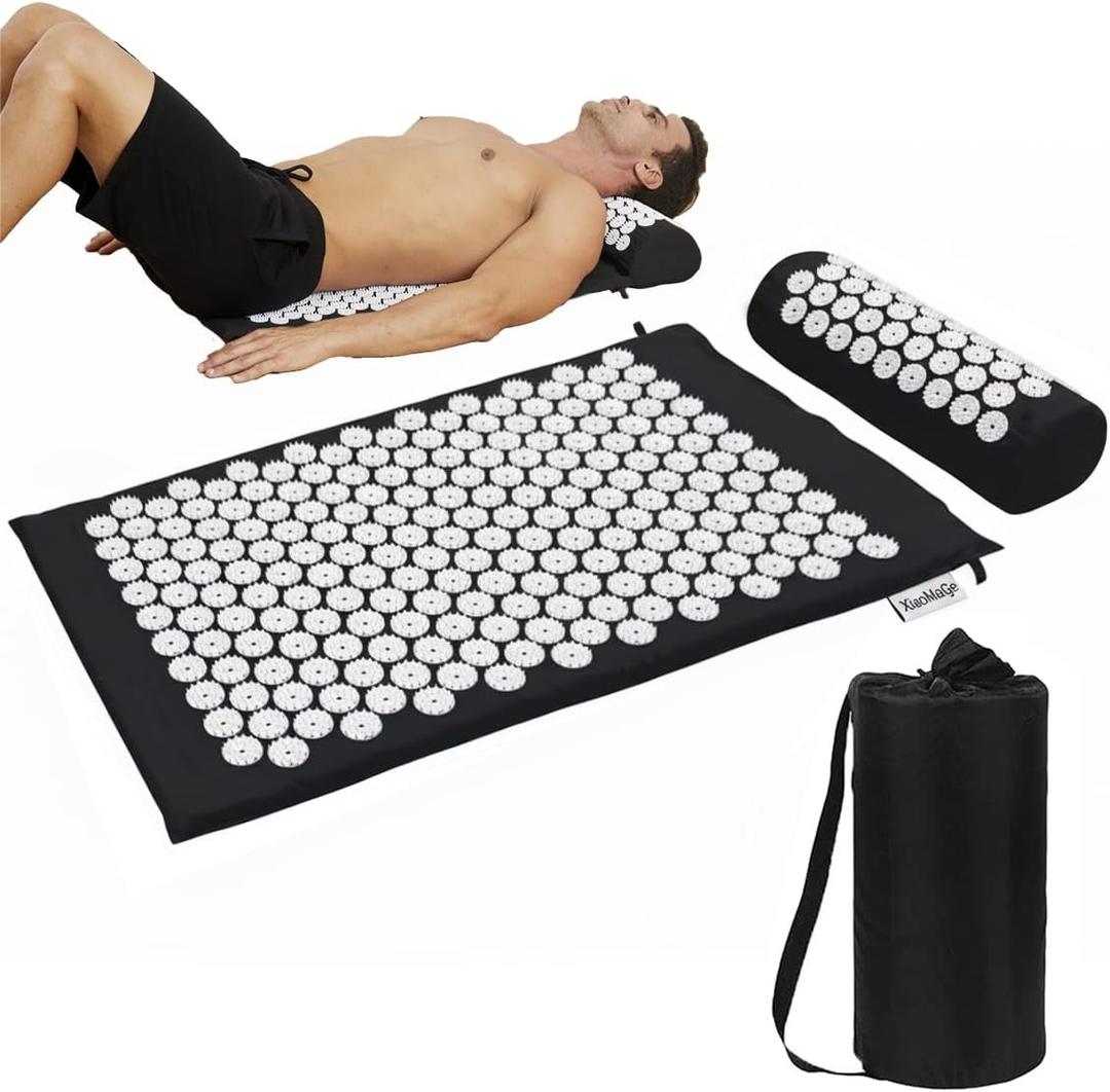 XiaoMaGe Acupressure Mat and Pillow Set with Bag  Large Size 28.7 X 16.5 inch Acupuncture Mat for Neck & Back Pain, Muscle Relaxation Stress Relief, Sciatica Pain Relief Pillow (Black)