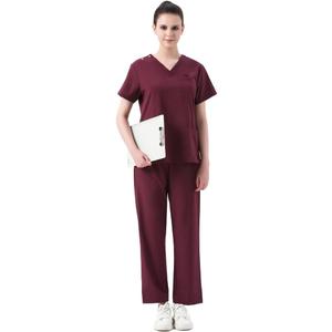 Leaddol Scrubs for Women Set VNeck Scrub Top & Cargo Pants Nursing Medical Uniform Stretch Workwear with Multi Pockets for Athletic Yoga Burgundy 2XL