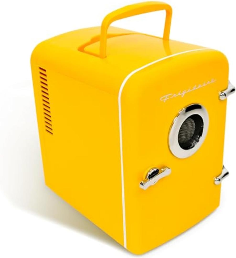 Frigidaire Curtis EFMIS151 Mini Portable Compact Personal Cooler Fridge, 4 Liter Capacity, 6 Cans, Makeup, Skincare, Freon-Free & Eco Friendly, Includes Home Plug & 12V Car Charger, Yellow