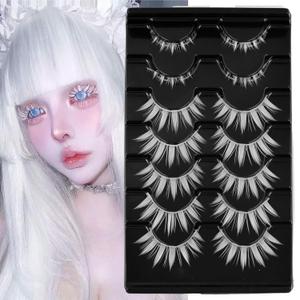 White Lashes with Spikes & Bottom  16mm Spiky Manga Eyelashes Halloween Gojo Cosplay Eye Look lashes for Anime Makeup, 7 Pair