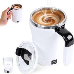 Automatic Magnetic Stirring Coffee Mug with Temperature Display,Rechargeable Self Stirring Mug with Lid,Multifunctional Spin Cup Birthday Gift for Coffee Lovers & Office Use (White)