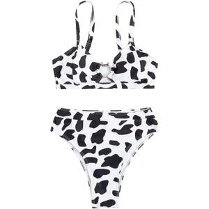 WDIRARA Women's Cow Print 2 Piece Cute Swimsuit Cut Out Ring High Waisted Bathing Suit (Medium, Black and White)