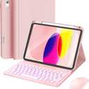 RAYMCRAFT for iPad 11th (A16, 2025) / 10th Generation Case with Keyboard, Mouse and Detachable Wireless Keyboard, 7-Color Backlight, Slim Case with Pencil Holder, Light Pink