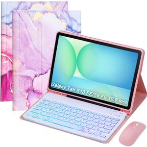 Keyboard Case for Samsung Galaxy Tab S10 FE/S10 Lite/S9 FE 10.9 2025/Galaxy Tab S9 11 Inch 2023, Mouse and Detachable Bluetooth Backlit Keyboard, Folio Cover with Pen Holder (Pink Marble)