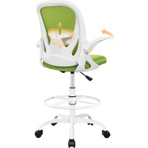 Primy Drafting Chair Tall Office Chair with Flip-up Armrests Executive Ergonomic Computer Standing Desk Chair with Lumbar Support and Adjustable Footrest Ring (Green), 934-Z