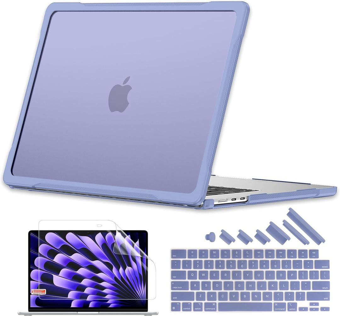 Batianda Ultimate Laptop Case for M4 MacBook Air 15 inch 2025 A3241 2024 M3 A3114 2023 M2 A2941 Model Matte Carbon Fiber Edges Shockproof Anti-Scratch and Anti-Fingerprint, Lavender Grey