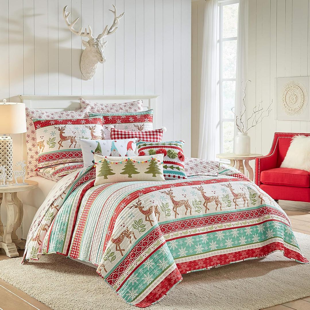 Levtex Home Merry & Bright Collecion - Let It Snow Quilt Set - King/Cal King Quilt 106x92 and 20x36 - Christmas Fun in Red, Turquoise, Green, White - Reversible
