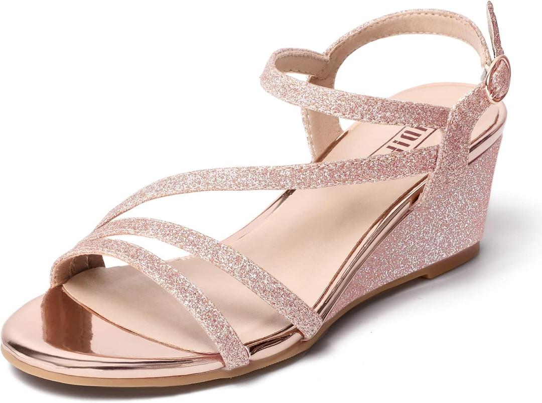 IDIFU Women's Wedge Heel Sandal Dress Low Strappy 2 Inch Open Toe Wedding Bridal Shoes for Woman Ladies Evening Formal(Rose Gold Shiny, 9 M US)