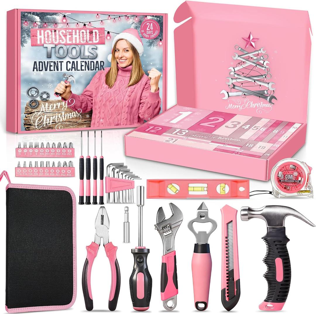 Household Tool Advent Calendar for Women Teen Girls, 24 Days Pink Countdown Calendar of Household Repair Tool Kit Christmas Suprise Gifts for Wife Daughter Sister DIY Lovers