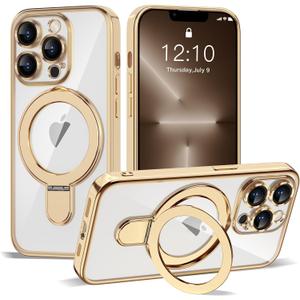 Compatible with iPhone 13 Pro Case with Invisible Magnetic Ring Stand [Compatible with Mag-Safe] [Full Camera Lens Protector] Plating Clear Phone Case for iPhone 13 Pro 6.1", Gold
