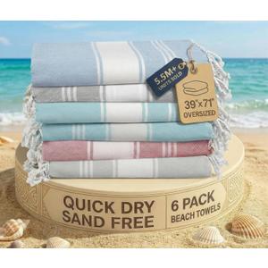 LANE LINEN Beach Towels 6 Pack, Oversized Beach Towel, Lightweight Beach Essentials for Women, Large Pool Towel, Absorbent & Quick Dry, Sand Free Beach Towel, 39"x71" - Nautical Color