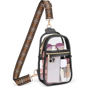 PACKISM Clear Sling Bag Stadium Approved - Clear Bag for Stadium Events & Holographic Bag for Music Festivals Jacquard Strap (01_black)