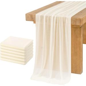 Ling's moment 6-Pack 10ft Ivory Sheer Chiffon-Like Table Runner with Silver Sparkle Beige Table Decor for Wedding Rustic Boho Shower Party(Ivory, Set of 6)
