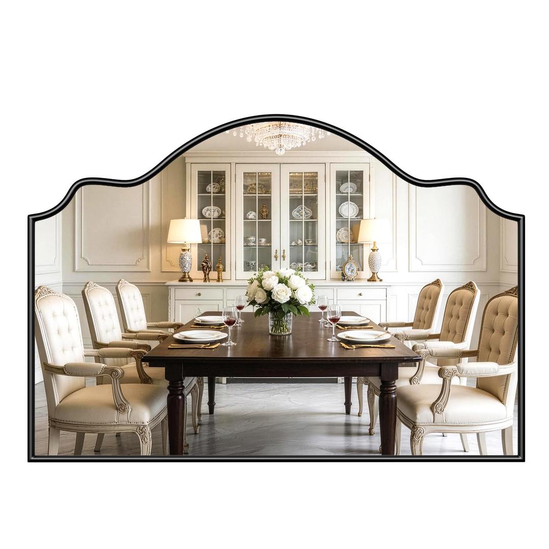 Rigidemand Scalloped Bathroom Mirror, 36" x 26" Arched Black Vanity Mirror with Rubberwood Frame, Decorative Black Wall Mirrors for Mantel, Bedroom, Bathroom, Vanity