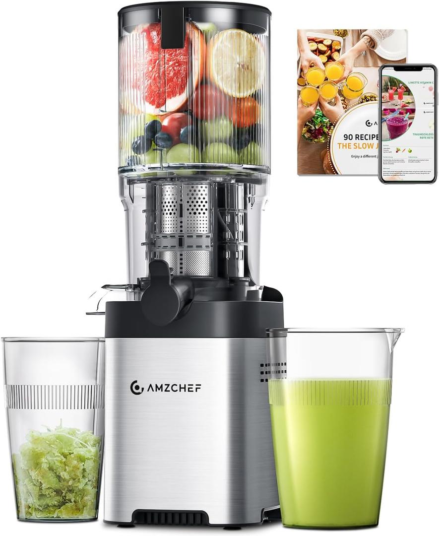 AMZCHEF Cold Press Juicer, Juicers Machines - 5.2" Masticating Juicer for Whole Fruits & Vegetables, Stainless Steel Easy to Clean, Large Auger, Triple Strainers, Silver