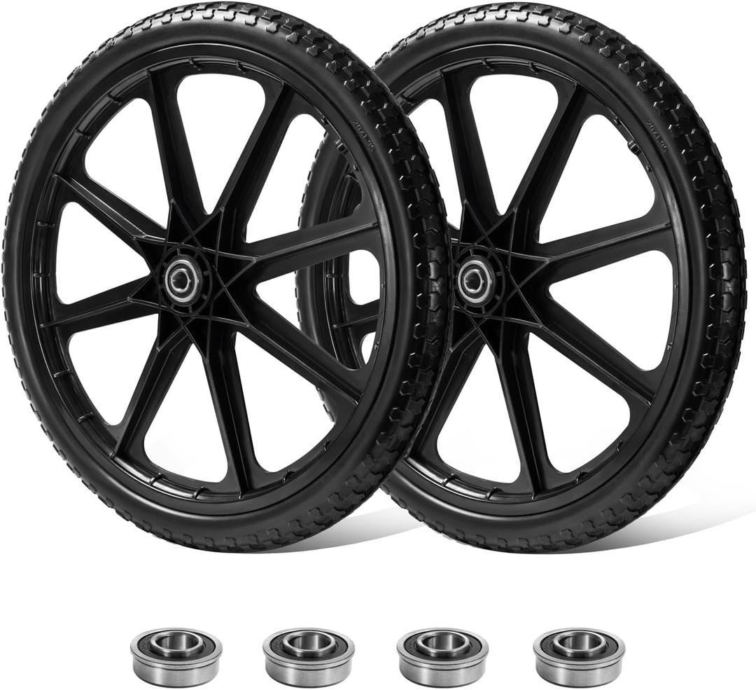 20" Flat Free Tire Cart Wheels Replacement for Rubber Maid Wheelbarrow Wheels Garden Cart, Replacement Wheels with 5/8" 3/4" Bearing for Utility Carts/Lawn Carts/Wheelbarrow, Black 2PACK