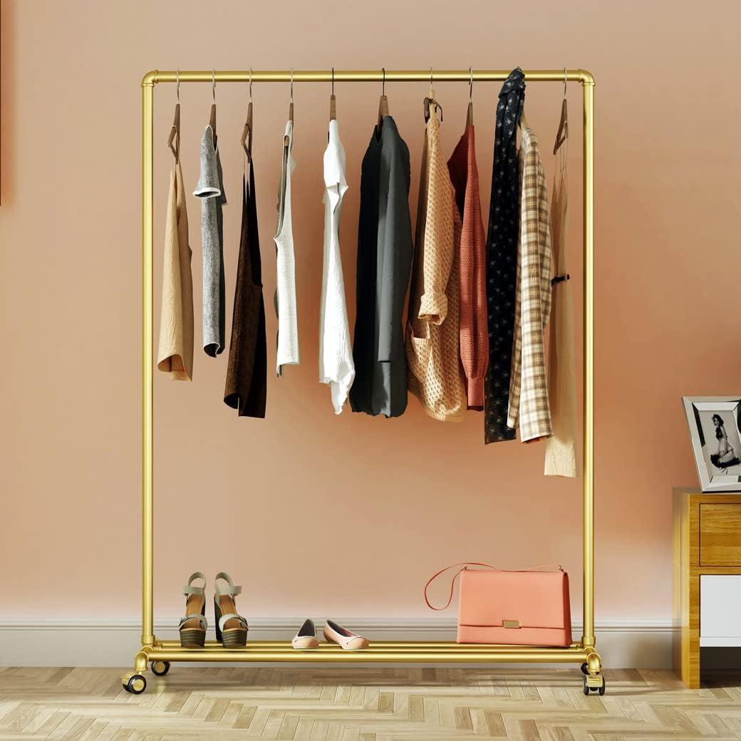 DR.IRON Gold Pipe Clothing Rack Garment Rack with Bottom Shelf Heavy Duty Modern Clothes Racks on Wheels Closet Organizer for Bedroom,Retail(Gold)