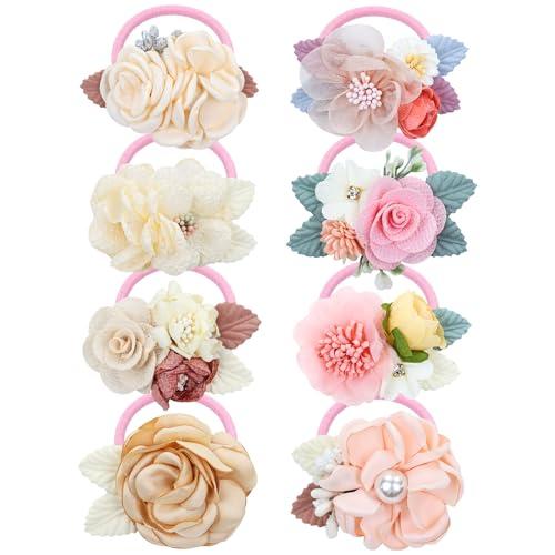Dizila 8 Pack Decorative Pearl Flower Hair Ties Rubber Bands Elastics Stretchy Floral Hair Scrunchies Pigtail Ponytail Holders for Baby Girls Infants Toddlers Kids Teens