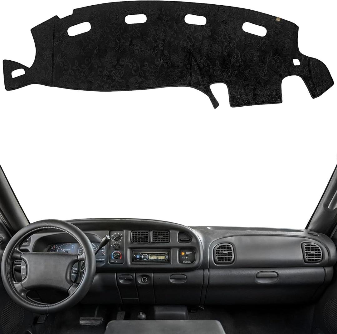 KEYOOG Dashboard Cover Dash Mat Fit for 2001-1998 Do-dge Ram 1500 2500 3500 (for Left Hand Drive),Car Dash Board Mat Anti-Glare Carpet,Non-Slip Pad Sunshield Protector (Flannel) (Black Embossed)