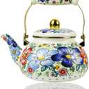 Blue Floral Enamel Tea Kettle Vintage Gold Beige Teapot Blue Floral Boho Hot Water Coffee Kettle Pot 2.5L Porcelain Tea Pot with Ceramic Handle for Stovetop Kitchen Home Decor