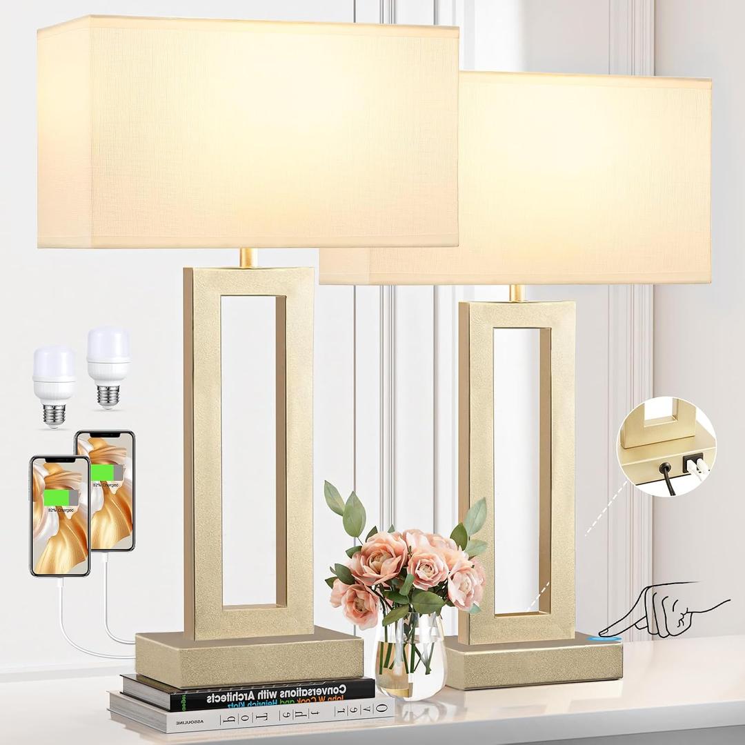 Seealle 22" Tall Bedroom Lamps for Living Room - Touch Gold Bedside Lamps with USB C+A, 3 Way Dimmable for Nightstand, Modern Night Stands for End Tables (White & Gold)