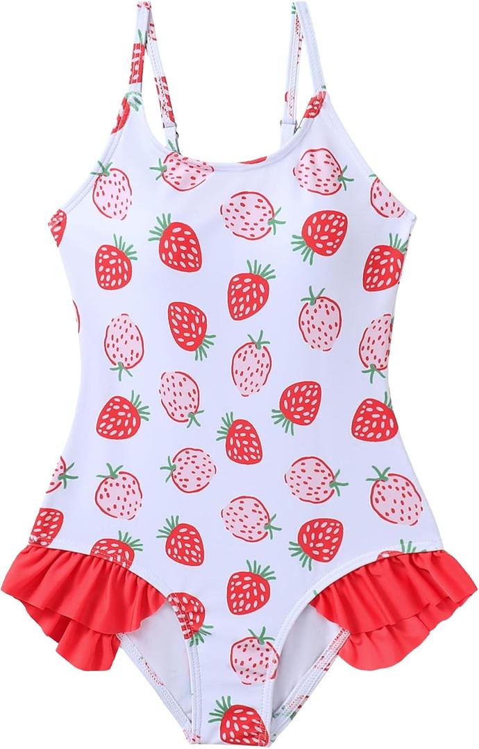 Girls One Piece Swimsuit Cute Straberry Print Bathing Suit Ruffle Quick Dry Swimwear Red 13-14 Years