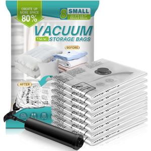 Vacuum Seal Bags for Clothing - Vacuum Storage Bags with Hand Pump, Space Saver Organisers for Travel Luggage Clothes Blankets Comforters (16 Small, 2 Pack of 8 Pieces)