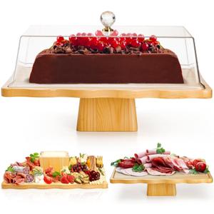 Wood Cake Stand with Lid, 2-in-1 Multifunctional Serving Platter, Rectangular Cake Holder with Acrylic Cover, Footed Cake Plate, Dessert Display Tray for Fruit, Veggie, Salad, Donut, Party