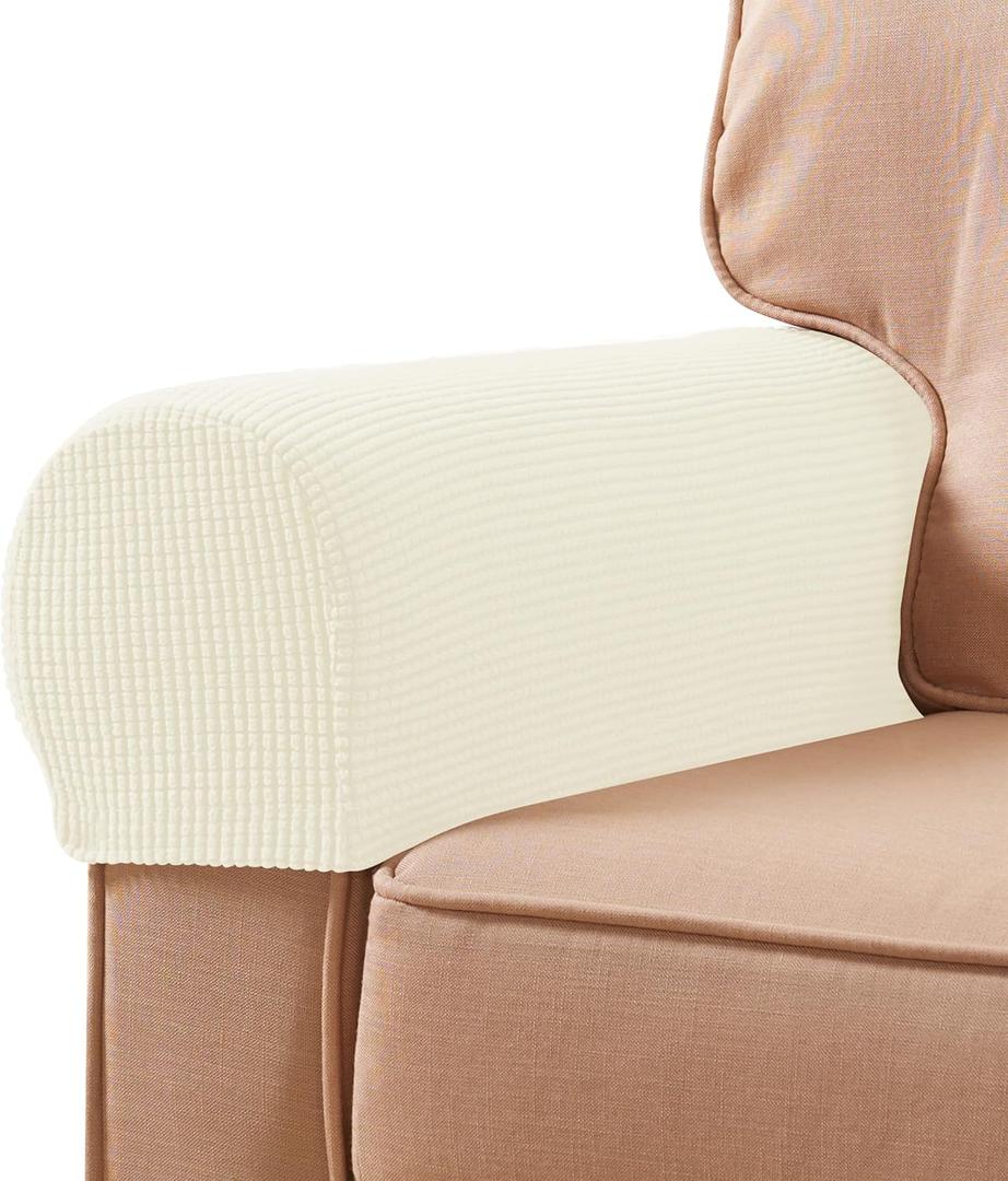 SUBRTEX Stretch Armrest Covers Anti-Slip Upgraded Spandex Arm Covers for Chairs Couch Sofa Armchair Slipcovers for Recliner Sofa with Hook and Loop Tape (2pcs, Ivory)