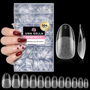 UNA GELLA Oval Fake Nails Pre-shape 504pcs Almond Gel Nail Tips Round Almond Press on Nails for Full Cover Acrylic Round Oval Full Nails False Nails 12 Sizes False Soft Gel Tips