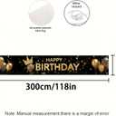 Happy Birthday Long Banner 118x20 Inch Black Gold Crown Theme Party Backdrops Decoration Balloons Confetti Polyester Fabric Large Event Supplies For Girls or boys gifts