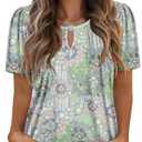 Angerella Womens Casual V Neck Short Sleeve Floral Boho T Shirts Trendy Summer Tops Pleated Tunic Blouses Bean, Green Small