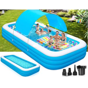 Extra Large Inflatable Pool for Adults and Kids, 145" x 74" x 22" Blow Up Pool for Family, Oversized Inflatable Pools with Canopy & Pump, Large Inflatable Swimming Pool for Backyard Outdoor