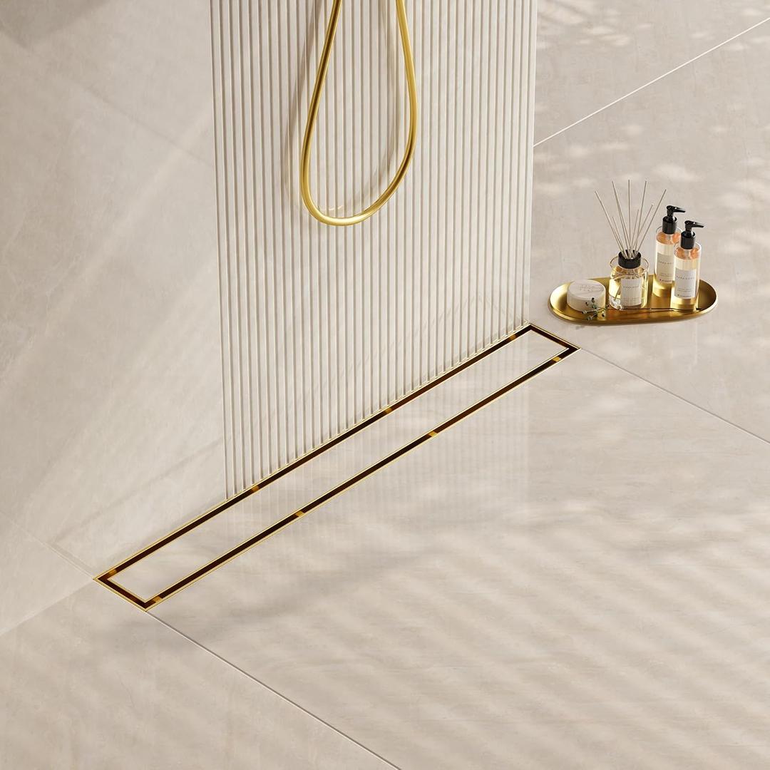 Neodrain 48-Inch Gold Linear Shower Drain, 2-in-1 Flat & Tile Insert Cover, Stainless Steel Linear Drain, Brushed Brass Rectangle Shower Floor Drain with Hair Strainer, CUPC Certified
