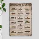 Boy's Fishing Gifts Vintage Fresh Water Gamefish Knowledge Tin Sign for Man Cave Boys Hunting Room Bedroom Lake House Cabin Wall Art Decor 10.5x7 inch