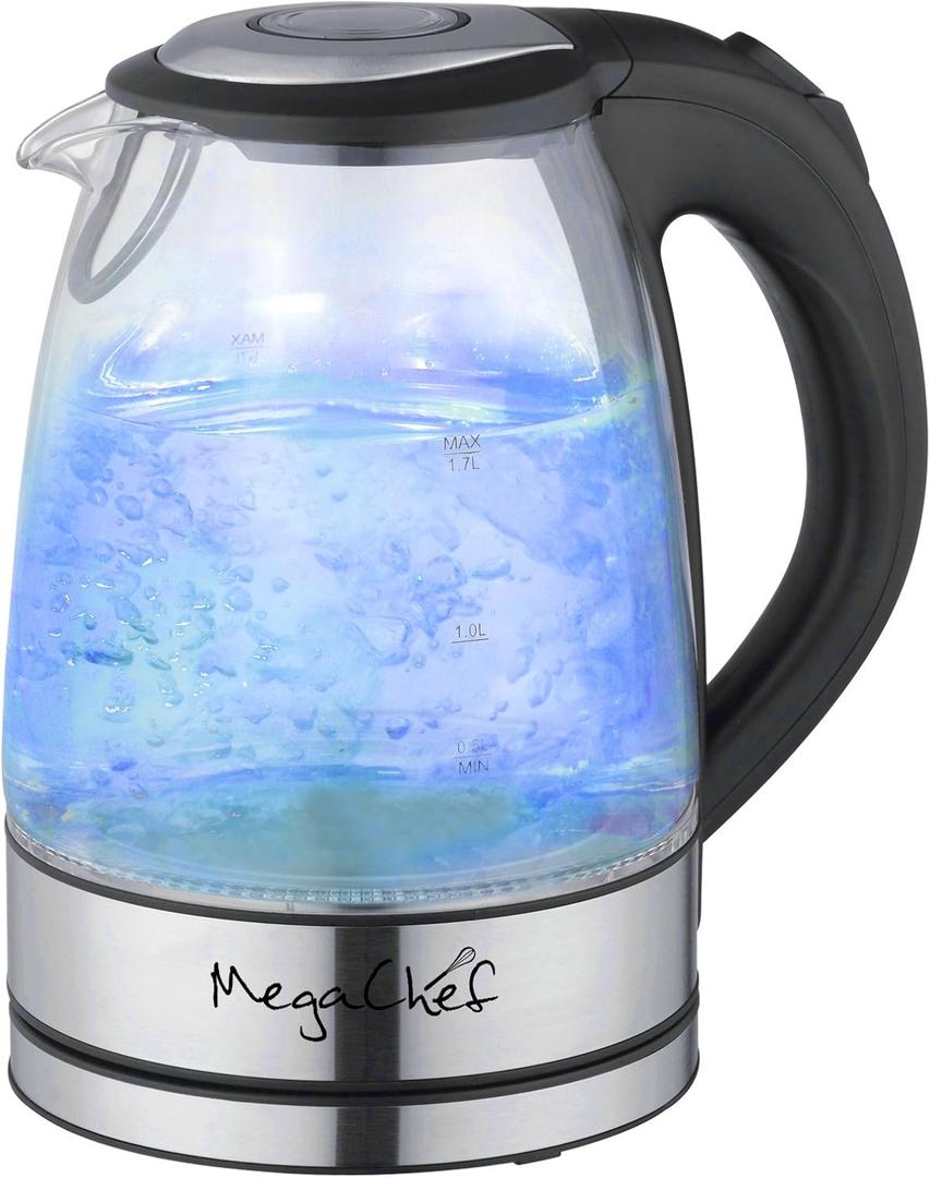 Megachef Stainless Steel Light Up Tea Kettle, 1.7L, Clear Glass (1.8 Quarts)