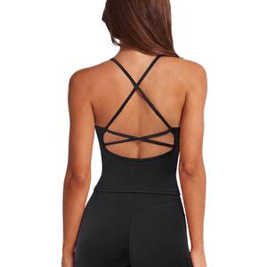 SUUKSESS V Neck Padded Longline Sports Bras Workout Open Back Tank Tops, Large